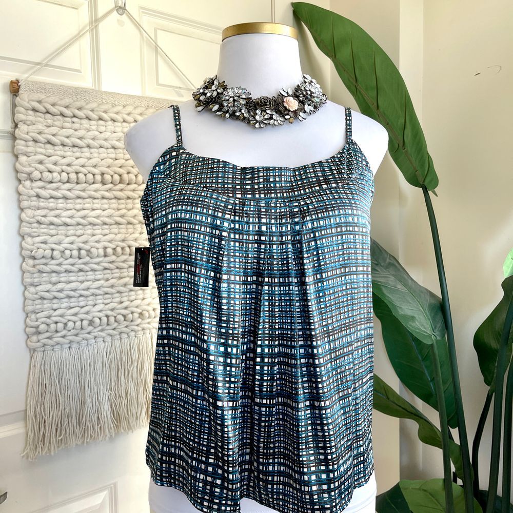 New York & Company Geometric Grid Print Camisole Tank Top Blue Black XL